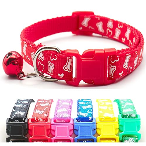 Doggie Style Store Halsband für kleine Hunde, Welpen, Haustiere, Katzen, Kätzchen, weißes Knochen-Design, Nylon, mit Glöckchen, verstellbar, Schnellverschluss, Schnalle, Rot von Doggie Style Store