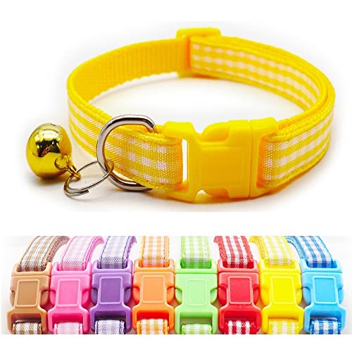 Doggie Style Store Halsband für kleine Hunde, Welpen, Haustiere, Katzen, Karomuster, kariert, Nylon, mit Glöckchen, verstellbar, Schnellverschluss, Schnalle, Gelb von Doggie Style Store