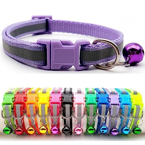 Doggie Style Store Halsband für kleine Hunde, Welpen, Katzen, Kätzchen, reflektierend, Warnstreifen, Nylon, Glocke, verstellbar, Schnellverschluss-Clip, Hellviolett von Doggie Style Store