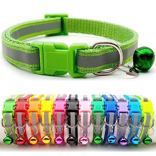 Doggie Style Store Halsband für kleine Hunde, Welpen, Katzen, Kätzchen, reflektierend, Warnstreifen, Nylon, Glocke, verstellbar, Schnellverschluss-Clip, Limettengrün von Doggie Style Store