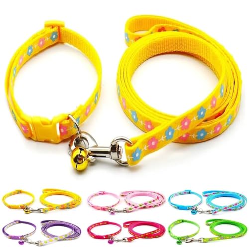 Doggie Style Store Halsband und Leine, für kleine Hunde, Welpen, Katzen, Kätzchen, Blumendesign, Nylon, mit Glöckchen, verstellbar, Schnellverschluss-Clip, Gelb von Doggie Style Store