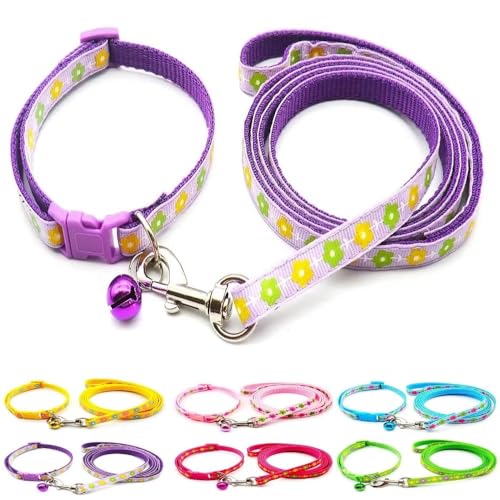 Doggie Style Store Halsband und Leine, für kleine Hunde, Welpen, Katzen, Kätzchen, Blumendesign, Nylon, mit Glöckchen, verstellbar, mit Schnellverschluss, Violett von Doggie Style Store