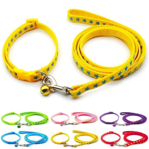 Doggie Style Store Halsband und Leine, für kleine Hunde, Welpen, Katzen, Kätzchen, Stern-Design, Nylon, mit Glöckchen, verstellbar, Schnellverschluss, mit Clip, Gelb von Doggie Style Store