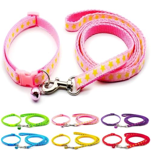 Doggie Style Store Halsband und Leine, für kleine Hunde, Welpen, Katzen, Kätzchen, Stern-Design, Nylon, mit Glöckchen, verstellbar, Schnellverschluss-Clip, Rosa von Doggie Style Store