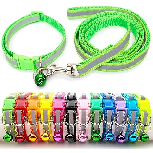 Doggie Style Store Halsband und Leine für kleine Hunde, Welpen, Katzen, Kätzchen, reflektierend, Hi-Vis Streifen, Nylon, Glocke, verstellbar, Schnellverschluss-Clip, Leine, Limettengrün von Doggie Style Store