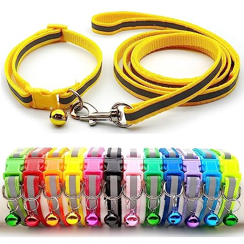 Doggie Style Store Halsband und Leine für kleine Hunde, Welpen, Katzen, Kätzchen, reflektierend, Warnstreifen, Nylon, Glocke, verstellbar, Schnellverschluss, Clip Leine, Gelb von Doggie Style Store