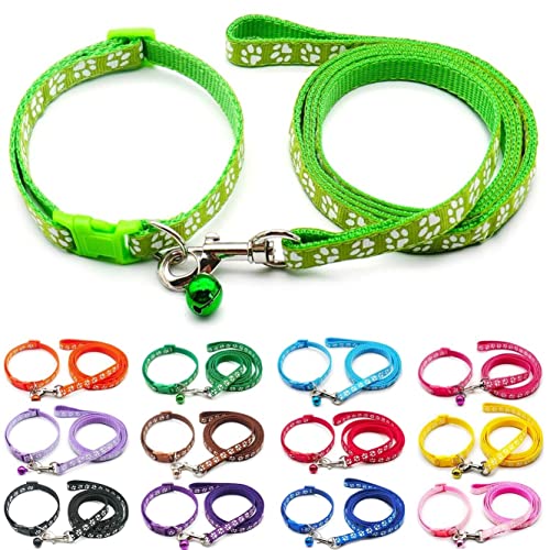 Doggie Style Store Halsband und Leine für kleine Hunde und Katzen, Pfotenabdruck-Farben, Nylon mit Glöckchen, verstellbar, Schnellverschluss, Schnalle, Leine, Limettengrün von Doggie Style Store