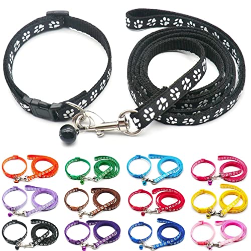 Doggie Style Store Halsband und Leine für kleine Hunde und Katzen, Pfotenabdruck-Farben, Nylon mit Glöckchen, verstellbar, Schnellverschluss, Schnalle, Leine, Schwarz von Doggie Style Store