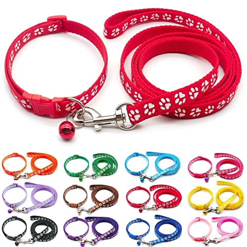 Doggie Style Store Halsband und Leine für kleine Hunde und Katzen, Pfotenabdruck-Farben, Nylon mit Glöckchen, verstellbar, Schnellverschluss, Schnalle, Leine in Rot von Doggie Style Store
