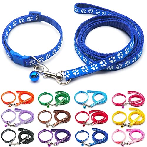 Doggie Style Store Halsband und Leine für kleine Hunde und Katzen, Pfotenabdruck-Farben, Nylon mit Glöckchen, verstellbar, mit Clip, Schnalle, Blau von Doggie Style Store
