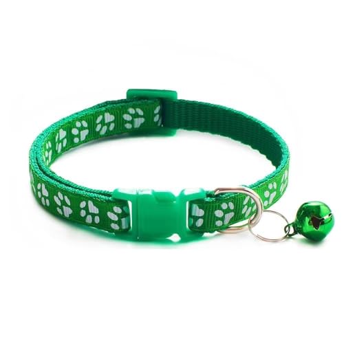 Doggie Style Store Hundehalsband, Größe S, M, 2 Größen, Pfotenabdruck-Design mit Glöckchen, Nylon, verstellbar, Grün, Größe S von Doggie Style Store