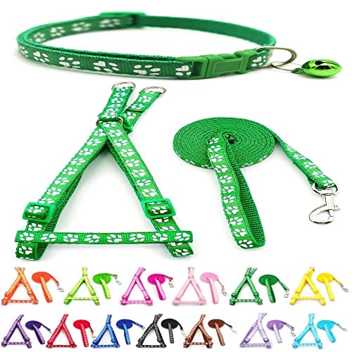 Doggie Style Store Kleine Hunde Welpen Haustier Katze Kätzchen Halsband Harness und Leine 3 Stück Set Pfotenabdruck Farben Nylon mit Glocke Verstellbar Schnellverschluss Clip Schnalle Leine Grün von Doggie Style Store