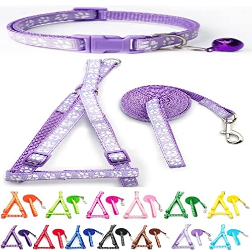 Doggie Style Store Kleine Hunde Welpen Haustier Katze Kätzchen Halsband Harness und Leine 3 Stück Set Pfotenabdruck Farben Nylon mit Glocke Verstellbar Schnellverschluss Clip Schnalle Leine Lila Lila von Doggie Style Store