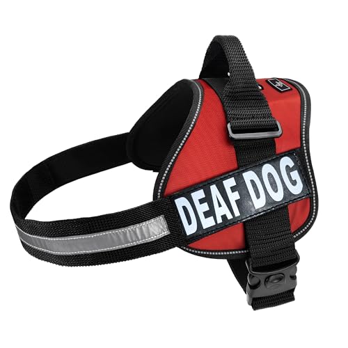 Deaf Hund Vest Nylon Hunde Harness. Kauf wird mit 2 reflektierenden abnehmbaren Deaf Hund Klettverschluss pathces. Bitte Messen Sie Ihren Hund vor Bestellung, Girth 28-38", rot von Doggie Stylz