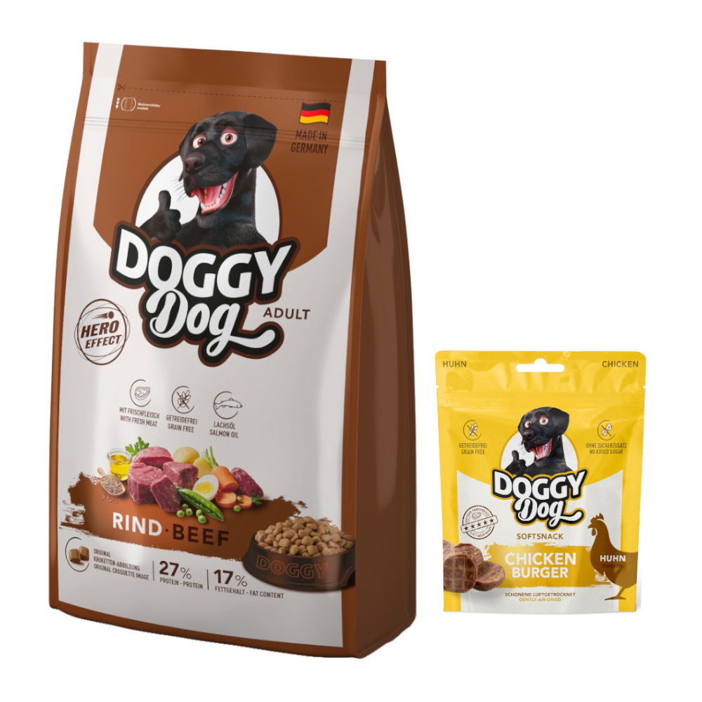 1 kg DOGGY Dog + 70 g Softsnack Chicken Burger gratis! - Adult Rind von Doggy Dog