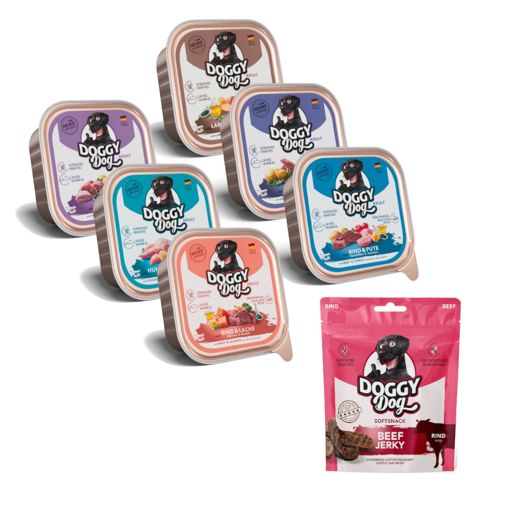 6 x 150 g DOGGY Dog Adult Mixpaket + 70 g Softsnack Beef Jerky gratis! - Mixpaket (6 Sorten) von Doggy Dog