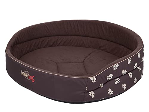 DOGGY Hundebett Katzenbett Haustierbett Hundeliege Runde Hundekissen Bett Hundematratze Tierbett Hundesofa Matratze, Braun mit Pfoten, R8-83 x 68 cm von DOGGY