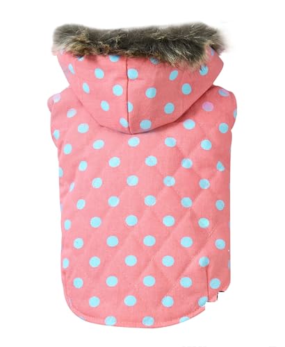 DoggyDolly W482 Hundemantel/Hundejacke mit Kapuze rosa getupft (L- Brust 46-48 cm - Rücken 31-33 cm) von DoggyDolly