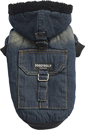 Doggy Dolly W200 Jeans Hundejacke mit Kapuze und Kunstfell, dunkelblau, Größe : XXS von Doggydolly