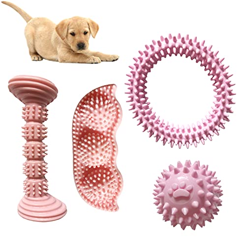 Interaktives Kauspielzeug für Welpen, 2-8 Monate, beruhigt juckende Zähne und schmerzhafte 360°-Welpen-Zahnreinigung, weiche Gummi-Zahnbürste, Hundespielzeug für kleine Hunde, Rosa, 4 Stück (Rosa) von DogieLyn
