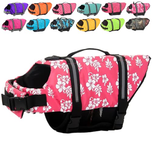 Doglay Hundeschwimmweste mit reflektierenden Streifen, verstellbarer Hunde-Lebensretter Haustier-Lebensretter mit hohem Auftrieb, Badeanzug für kleine, mittelgroße und große Hunde (XS, rosa Blume) von Doglay