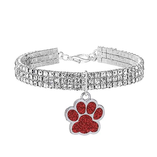 Dogs Kingdom Fancy 3 Row Crystal Dog Necklace Jewelry with Bling Rhinestones Big Paws Charm for Pets Cats Small Dogs Girl Teetasse Chihuahua Yorkie Costume Accessary,Red,M:25,4-33 cm Neck von Dogs Kingdom