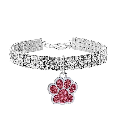 Dogs Kingdom Fancy 3 Row Crystal Dog Necklace Jewelry with Bling Rhinestones Big Paws Charm for Pets Cats Small Dogs Girl Teetasse Chihuahua Yorkie Costume Accessary,Rose Red,M:25,4-33 cm Neck von Dogs Kingdom