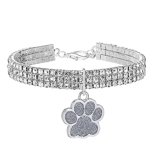 Dogs Kingdom Fancy 3 Row Crystal Dog Necklace Jewelry with Bling Rhinestones Big Paws Charm for Pets Cats Small Dogs Girl Teetasse Chihuahua Yorkie Costume Accessary,Silver,M:25,4-33 cm Neck von Dogs Kingdom