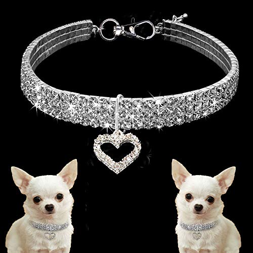 Dogs Kingdom Haustier-Halsband mit Strasssteinen, glitzerndes Herz, für Hunde und Katzen, für kleine Haustiere, Katze, Welpen, Größe M: 25,4–30,5 cm Halsumfang, Weiß von Dogs Kingdom