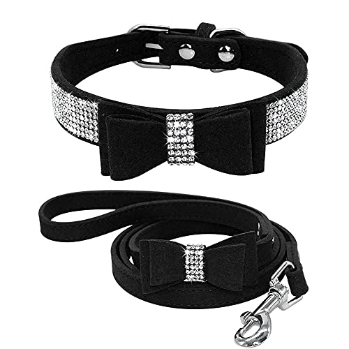 Dogs Kingdom Hundehalsband-Set mit Strasssteinen, mit niedlichen Schleife, verstellbar, mit weichem Samt, Schwarz, XS: 21,1–25,4 cm Halsumfang von Dogs Kingdom