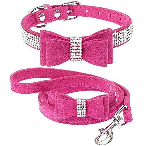 Dogs Kingdom Hundehalsband und Katzenhalsband, mit Strasssteinen besetzt, mit Strasssteinen besetzt, mit niedlicher Schleife, verstellbar mit weichem Samt, Rosenrot, L: 36,8 - 47 cm Halsumfang von Dogs Kingdom