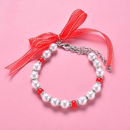 Dogs Kingdom Pet Pearl Collar Necklace Fashion Accessories Dog Cat with Elegant Ribbon Decoration,Red,M:10-13" Neck von Dogs Kingdom