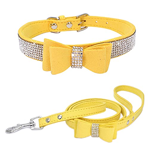 Dogs Kingdom Set aus Hundehalsband und Leine, mit Strasssteinen besetzt, mit Strasssteinen besetzt, mit niedlicher Schleife, verstellbar mit weichem Samt, Gelb, Größe XL: 40,6 - 50,8 cm Halsumfang von Dogs Kingdom