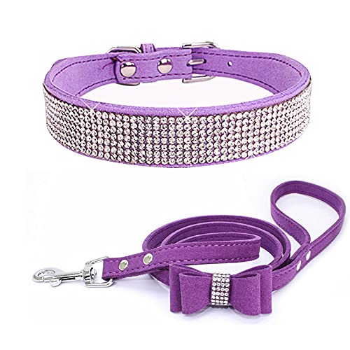 Dogs Kingdom Strass-Hundehalsband, Leinen-Set, Kristalldiamanten, Nieten, Samt, Hundehalsband, Leine, Haustier-Optik, kleine bis große Hunde, Katzen, verstellbar, lila, XXS: 15,2–21,1 cm Halsumfang von Dogs Kingdom