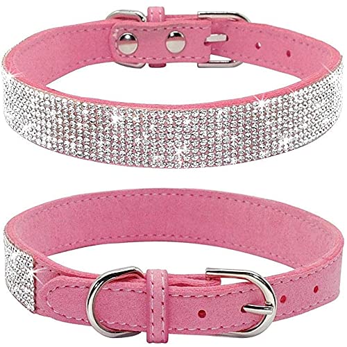 Dogs Kingdom Weiches Samt-Halsband für Hunde und Katzen, mit Strassbesatz, verstellbare Schnalle, Sicherheitshalskette für kleine, mittelgroße und große Hunde und Katzen, Rosa, L: Halsumfang 36,8–47 von Dogs Kingdom