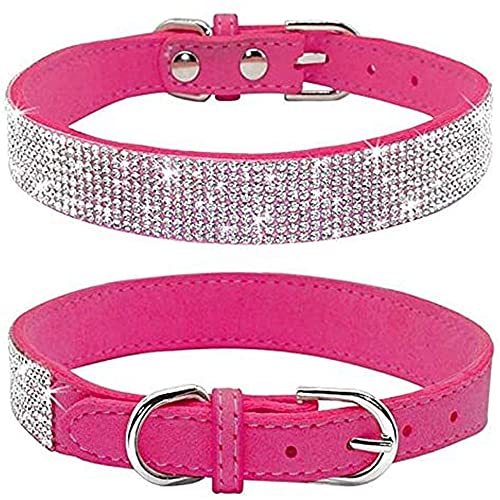 Dogs Kingdom Weiches Samt-Halsband für Hunde und Katzen, mit Strassbesatz, verstellbare Schnalle, Sicherheitshalskette für kleine, mittelgroße und große Hunde und Katzen, Rosenrot, M: Halsumfang 32 von Dogs Kingdom
