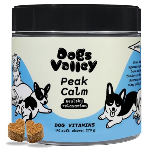 Dogs Valley Vitamine für Hunde Peak Calm - 90Stk Hundeleckerlis – Natürliches Entspannungsleckerli mit Baldrian, L-Theanin, L-Tryptophan, Ashwagandha - zur Stress & Angstlinderung, Lebergeschmack von Dogs Valley