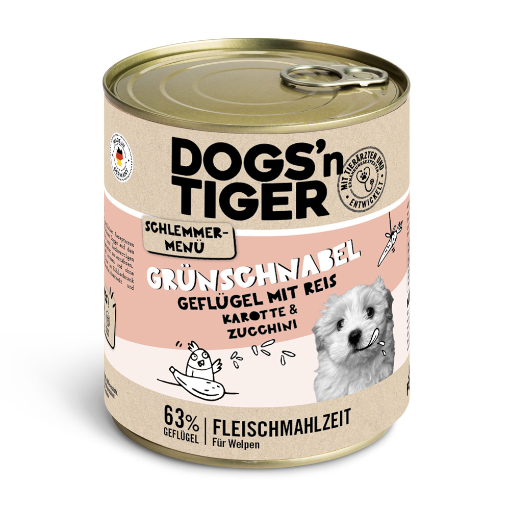 Dogs'n Tiger Schlemmermenü für Hunde 6 x 800 g - Geflügel mit Naturreis, Karotten und Zucchini (Junior) von Dogs'n Tiger