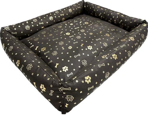 Dogs4Life Hundebett, Hundekissen mit Reißverschluss, erhöhte Ränder, rutschfeste Unterseite, Abnehmbarer waschbarer Bezug (S, Goldene Pfoten) von Dogs4Life
