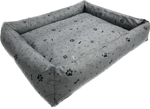 Dogs4Life Hundebett, Hundekissen aus wasserabweisendem Stoff mit Reißverschluss, erhöhte Ränder, rutschfeste Unterseite, Abnehmbarer waschbarer Bezug für kleine mittel Hund 70x60x15cm Schw. Pfoten von Dogs4Life