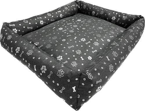 Dogs4Life Hundebett, Hundekissen mit Reißverschluss, erhöhte Ränder, rutschfeste Unterseite, Abnehmbarer waschbarer Bezug (S, Silberne Pfoten) von Dogs4Life