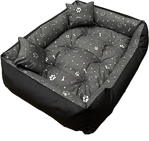 Dogs4Life New Hundebett XXL | Hundebett groß Hunde | Hundebett mittelgroße Hunde | Hundebett kleine Hunde | Hundekissen | Outdoor Hundebett | Wasserabweisend (XL, Aschgrau mit Silb. Pfoten) von Dogs4Life