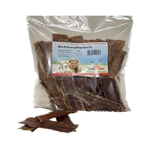 Dog Time Tiernahrung Schlundfleisch 1000g getrocknet I Gesunder Kausnack aus 100% Rind für Hunde I Hundeleckerli ohne Zucker I In Deutschland produziert von Dogtime