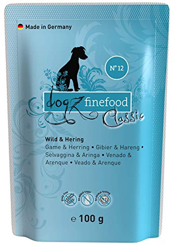dogz finefood Hundefutter nass - N° 12 Wild & Hering - Feinkost Nassfutter für Hunde & Welpen - getreidefrei & zuckerfrei - hoher Fleischanteil, 12 x 100 g Beutel von Dogz finefood