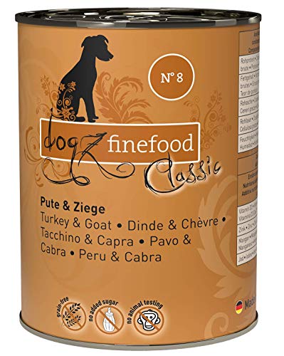 dogz finefood Hundefutter nass - N° 8 Pute & Ziege - Feinkost Nassfutter für Hunde & Welpen - getreidefrei & zuckerfrei - hoher Fleischanteil, 6 x 800 g Dose von Dogz finefood