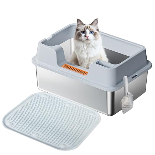 Katzentoilette aus Edelstahl, extra große Katzentoilette für große Katzen, hohe Seiten, Gehege XL, antihaftbeschichtet, einfache Reinigung, Anti-Urin-Leckage (mit Streuschaufel & Katzenfußmatte, Blau) von Dojavop