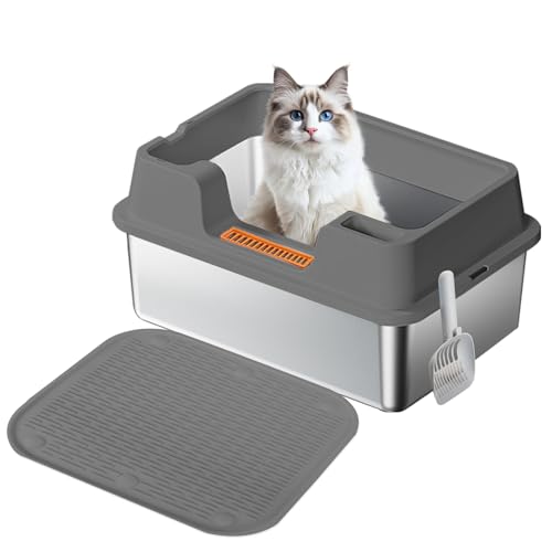 Katzentoilette aus Edelstahl mit Deckel, XL Metall Katzentoilette für große Katzen, hochseitiges Gehäuse, nicht klebrig, Anti-Urinleckage, einfache Reinigung (mit Streuschaufel & Katzenfußmatte, Grau) von Dojavop