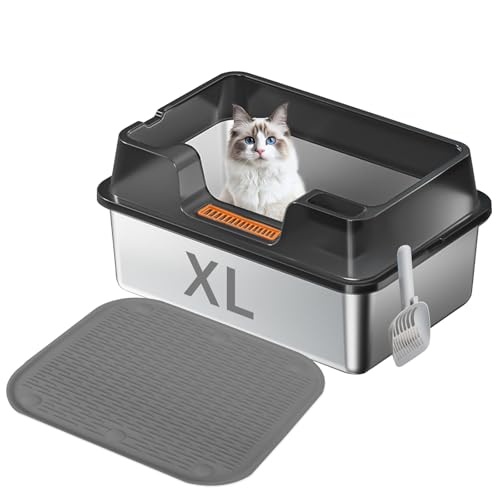 Katzentoilette aus Edelstahl mit Deckel, XL Metall Katzentoilette für große Katzen, hochseitiges Gehäuse, nicht klebrig, Anti-Urinleckage, einfache Reinigung (mit Streuschaufel & Katzenfußmatte von Dojavop