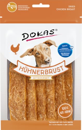Dokas Hühnerbrust getrocknet | 12 x 70 g | Ergänzungsfuttermittel für Hunde | Ganze Hühnerbrust in feinen Scheiben, schonend luftgetrocknet und fettarm | Schmackhafter Snack von Dokas
