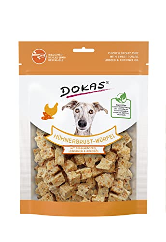 DOKAS Hühnerbrust-Würfel – Premium Superfood-Snack für Hunde aus Hühnerbrust – Mit Süßkartoffel, Leinsamen & Kokosöl – 1 x 150 g von Dokas